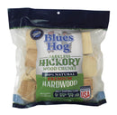 Blues Hog Premium Barkless Hickory Wood Chunks for smoking meat.  Wood shown in bag. Front of bag. 