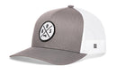 The Haka Hat Boston Trucker Hat features a gray-white design, mesh back, and a circular X patch with BOS and dog silhouette—a classic Haka Hat snapback style.