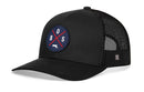The Haka Hat Boston Trucker Hat in navy-red BOS X features a black snapback, round patch with Massachusetts outline, BOS and 0 lettering, plus a small Haka Hat logo on the side.