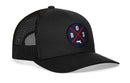The Haka Hat Boston Trucker Hat features a black mesh snapback with a round patch showing two red crossed lines, white "BOS" letters, and a small white Massachusetts outline on the front.