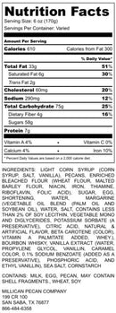 Nutrition facts label for a food product, featuring information on calories, fat, sodium, carbohydrates, protein, vitamins, a list of ingredients, and contact details for the manufacturer: Millican Pecan. This label is specific to their Millican Pecan Southern Bourbon Pecan Pie - 9 Inch—a classic southern dessert. Allergen warnings include milk, eggs, wheat, and soy.