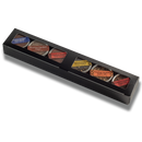 The Bourbon Barrel Foods Bourbon Smoked Spices Miniature Trial Set features five small round tins, each with a different bourbon smoked spice and colorful labels, packaged in a sleek black rectangular box.