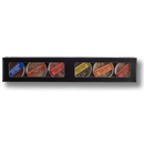 The Bourbon Barrel Foods Bourbon Smoked Spices - Miniature Trial Set features six small tins of assorted bourbon smoked spices with colorful labels, arranged in a black box with a clear window to showcase each spice.