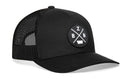 The Haka Hat Bozeman Trucker Hat | Black BZN X Snapback features black mesh, a curved brim, and a front BZN X embroidered patch with white lettering and a small regional graphic.