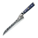The Spaceman Knives Interstellar Bread Knife by Spaceman Knives features a patterned AUS-10 steel blade and a blue textured handle, shown on a white background.