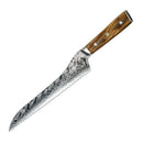 The Spaceman Knives Interstellar Bread Knife by Spaceman Knives features a Damascus AUS-10 steel patterned blade and a wooden handle, shown isolated on a white background.