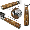 Close-up of three Spaceman Knives with wooden handles, featuring patterned AUS-10 steel blades on a white background; a circular inset spotlights the Spaceman Knives Interstellar Bread Knife’s intricate blade design.