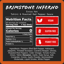 The Harmacy Hot Sauce Co. Brimstone Inferno Extra Hot Tahini & Roasted Red Pepper Sauce 9oz is vegan, gluten-free, peanut-free, with peppers, spices, tahini, and zero calories per 1 tsp serving.