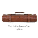 The Aaron Leather Goods Leather Knife Roll features brown leather with tan stitching, two straps, and a top handle. Text below reads: This is the brown/tan option.