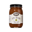 A glass jar of Brownwood Farms Apple Riesling Salsa with a black lid. The label displays the Brownwood Farms brand name, the product name, and an illustration of a green apple, emphasizing this fruity salsa crafted with Great Lakes apples. Net weight is 17 ounces (482g).