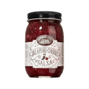A glass jar of Brownwood Farms Jalapeno Cherry Salsa, topped with a black lid and featuring a white label adorned with images of a pepper and cherry, perfectly captures this sweet and spicy fruit salsa. The net weight, 17oz (482g), is noted at the bottom.