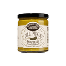 A 9 oz (255g) jar of Brownwood Farms Dill Pickle Mustard, featuring a black lid and a white label with a pickle illustration, delivers zesty flavor to enhance your favorite condiments.