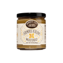 A 10 oz jar of Brownwood Farms Famous Kream Mustard, topped with a black lid. The white label with gold accents displays the product name and Brownwood Farms brand logo. This creamy, kettle-blended mustard offers a signature flavor ideal for fans of quality pub-style mustards.