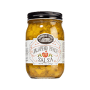 A jar of Brownwood Farms Jalapeno Peach Salsa, featuring a white label and black lid, is displayed on a white background.