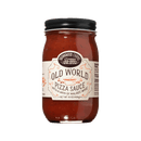 A 16-ounce jar of Brownwood Farms Old World Pizza Sauce by Brownwood Farms features a black lid and a white label adorned with text and a small pizza slice illustration. Crafted from traditional recipes, this rich red sauce is ideal for homemade pizzas.