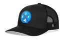 The Haka Hat Buffalo Trucker Hat features a BUF X patch with red crossed lines, B-U-F letters, and a white buffalo on the front. It has a black mesh back, curved brim, and black snapback closure.