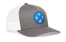 The Haka Hat Buffalo Trucker Hat features a gray and white design, mesh back, snapback closure, and a blue-red "BUF X" patch with a white buffalo silhouette on the front. Brand: Haka Hat.