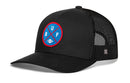 The Haka Hat Buffalo Trucker Hat in black features a blue and red BUF X football patch, curved brim, ventilated mesh back, and snapback closure for comfort. Brand: Haka Hat.