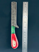 The Texan Knives Bull Cutter Handmade Damascus Steel Knife features a colorful pakkawood handle with green and red accents, and measures about 8 inches long.