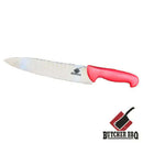 Chef's knife with red handle on a white background, featuring Butcher BBQ logo.