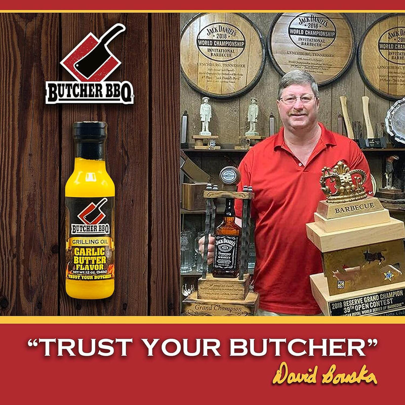 Butcher BBQ Garlic Butter Grilling Oil 12 oz bottle for basting, marinating, and grilling with steakhouse flavor made in usa