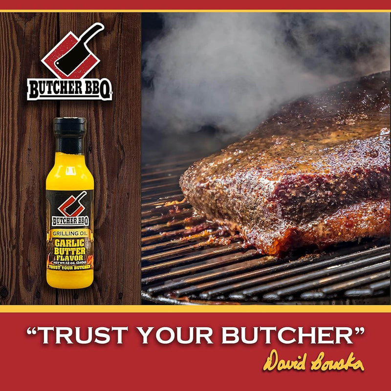 Butcher BBQ Garlic Butter Grilling Oil 12 oz bottle for basting, marinating, and grilling with steakhouse flavor made in usa