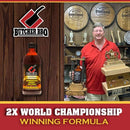 Butcher BBQ Homestyle Sweet BBQ Sauce 16 oz bottle for meats, dipping, and recipe flavoring. Picture of David with trophies.