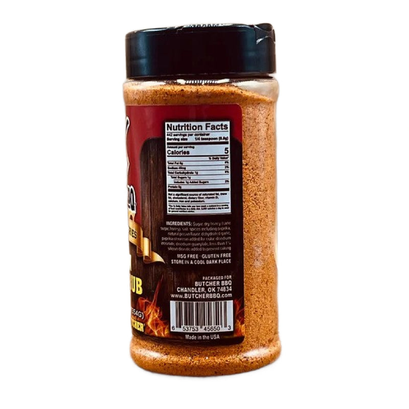 Butcher BBQ Honey Pecan Rub seasoning label shown with ingredients. 