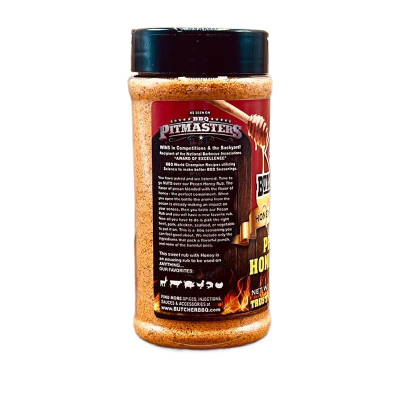 Butcher BBQ Honey Pecan Rub seasoning label shown with description of how to use product. 