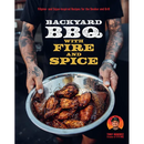 A person holds a large metal bowl of grilled chicken wings, with the cover of the Backyard BBQ with Fire and Spice: Filipino- And Cajun-Inspired Recipes for the Smoker and Grill - Hardcover cookbook overlaid on their black shirt.