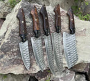 Five Texan Knives from the Beautiful Knife Set, each with a 13" Damascus steel blade, rosewood handle, and leather sheath, are arranged side by side on rough rocks outdoors. Green leaves frame the edge of the image.