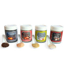 The SALTOPIA Ultimate Carnivore Salts gift set features four infused sea salts—smoked applewood, maple bourbon, lemon, and garlic—each paired with a ceramic tasting spoon. Perfect for BBQ lovers!.