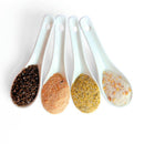 Four white ceramic spoons, each holding a different SALTOPIA Infused Sea Salt—dark brown, pink, yellow, and pale with orange specks—are lined up on a white background as the Saltopia Ultimate Carnivore Salts gift set.