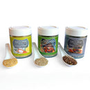 The SALTOPIA Infused Sea Salts Kitchen Favorite Flavors Gift Set: COOKS SURVIVAL KIT features three seasoning blends, each with a white ceramic spoon displaying samples—a thoughtful gift for any cook.