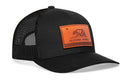 The Haka Hat California Flag Trucker Hat Leather is a black mesh snapback by Haka Hat, featuring a brown leather patch with a bear, star, and "California Republic," inspired by the classic California flag design.