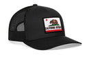 The Haka Hat California Flag Trucker Hat features a black mesh design with a California Republic flag patch of a bear, red star, and stripe on the front. This stylish snapback by Haka Hat offers an adjustable fit.