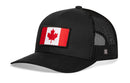 The Haka Hat Canada Flag Trucker Hat | Black Canadian Snapback features a mesh back and an embroidered red maple leaf flag patch on the front, displayed on a white background.