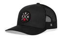 The Haka Hat Canada Trucker Hat | Black CAN X Snapback features a black mesh build and a round front patch with crossed lines, the letters C, A, N, and a red maple leaf—an iconic Haka Hat style celebrating Canada.
