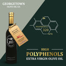 A bottle of Georgetown Olive Oil Co Red Chili Cayenne Infused | High Polyphenols Extra Virgin Olive Oil, featuring a Red Chili Cayenne flavor tag, a chemical structure graphic, and the text: Polyphenols 320 mg/kg. This high polyphenol extra virgin olive oil from Georgetown Olive Oil Co. is crafted with a cold infusion red chili cayenne method, offering a bold and spicy olive oil experience against a dark background.