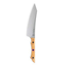 The Messermeister Chef Claudette Zepeda Chef's Knife - 7" features a wide, sharp stainless steel blade and a light wooden handle with two dark rivets and a purple accent near the blade.
