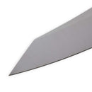 Close-up of the sharp tip of the Messermeister Chef Claudette Zepeda 7" Chef's Knife, a limited-edition stainless steel blade, shown against a white background.