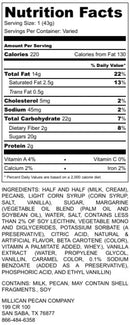 Nutrition facts label for Millican Pecan Texas Chewy Pecan Praline - Individually Wrapped, a milk and pecan-based treat from Millican Pecan, inspired by classic Southern candy traditions. Featuring authentic Texas pecan praline as a key ingredient, the label lists serving size, calories, fat, cholesterol, carbohydrates, protein, vitamins, and includes a detailed ingredient list along with allergen warnings. Ideal for those who love individually wrapped pralines with rich Southern flavor.