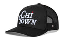 The Haka Hat Chi Town White Script Trucker Hat is a black snapback with mesh back, white embroidered "Chi Town," a red star above the “i,” and stylish comfort—perfect for Illinois fans.