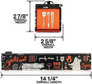 The ChicWrap BBQ Grill Aluminum Foil Refillable Dispenser 12" x 30' by ChicWrap features a black, orange, and white case with food graphics, shown open and closed. Interior holds utensils; fits a refillable aluminum foil dispenser. Size: 2 7/8" H x 2 5/8" W x 14 1/4" L.