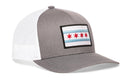 Show your city pride with the Haka Hat Chicago Flag Trucker Hat—a gray and white snapback featuring light blue stripes, four red stars, and a stylish patch. Perfect for any look. Brand: Haka Hat.