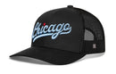 The Haka Hat Chicago Light Blue Script Trucker Hat features “Chicago” in light blue script with a red star, a black breathable mesh back, and the HAKA 5.0 design for style and comfort. This black Illinois snapback is by Haka Hat.