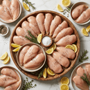 The Dude Food Chicks Meat Box by Dude Food features raw, boneless, skinless chicken breasts precisely hand trimmed and beautifully presented in a large wooden bowl and smaller bowls, garnished with rosemary, lemon wedges, salt, and pepper on a marble surface—showcasing the freshness and quality of this premium natural chicken in every detail.