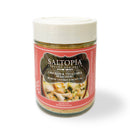 A jar of SALTOPIA Infused Sea Salts labeled Chicken and Herbs Seasoning: BUMPIN' CHICKEN & DUMPLINS, with a white lid—perfect for adding comfort food flavor to your dishes.
