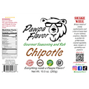 White seasoning label featuring a bear logo and the product name, Pawpa Flavor Chipotle from Pawpa Flavor LLC. The text spotlights this gourmet, all-natural, vegan-friendly chipotle seasoning and rub, renowned for its smoky flavor and mild heat. The label provides usage suggestions and lists social media contacts.