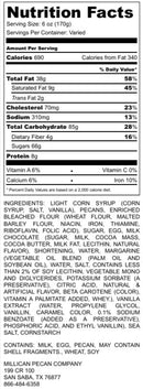 Nutrition Facts label for Millican Pecan Chocolate Pecan Pie - 9 Inch Southern Dessert by Millican Pecan, listing calories, fats, cholesterol, sodium, carbohydrates, protein, vitamins, minerals, ingredients, and allergen information in black text on a white background. This decadent Southern dessert features the signature chocolate and pecan flavors that make it a cherished classic.